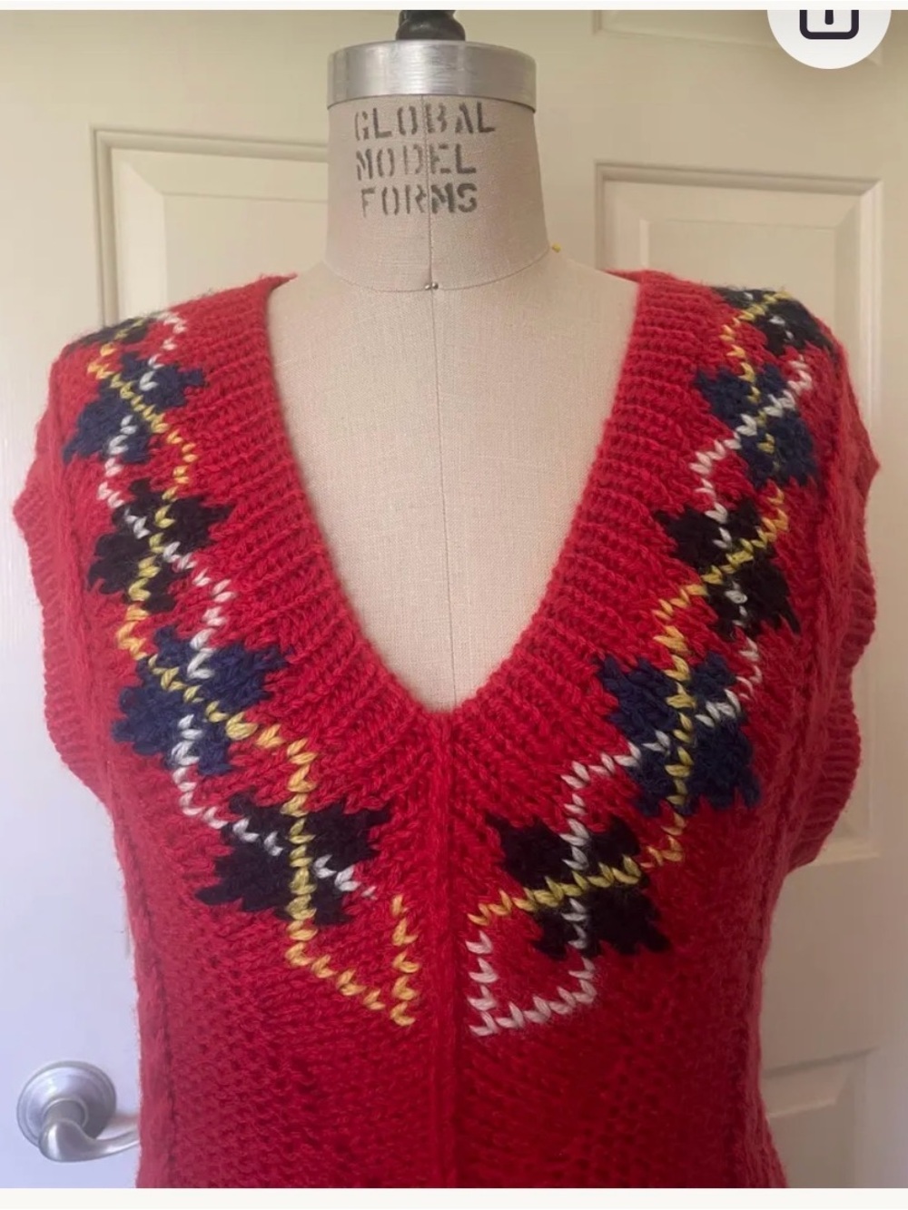 Red V-Neck Patterned Women's Sweater